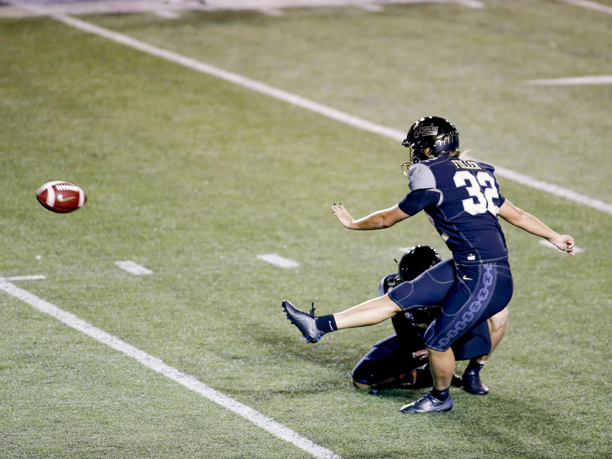 Sarah Fuller kicks an extra point for Vanderbilt’s football team